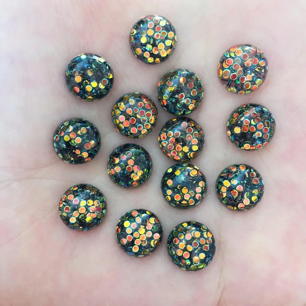 50PCS Resin 10mm Colorful Glitter Round Bead Flatback Rhinestone Scrapbook Crafts Diy Half Beads Jewelry Making Accessories W77