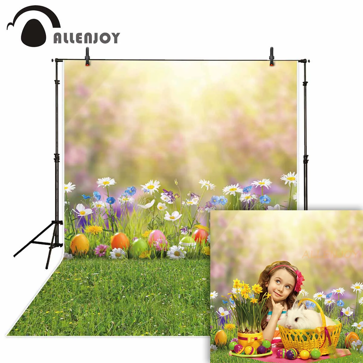 Allenjoy photography background Easter spring flower egg green grass bokeh sunlight backdrop photo studio photophone photocall