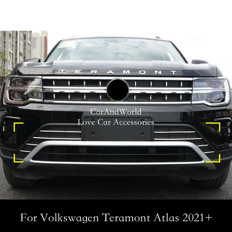 

Stainless Steel Car Front Grille Net Bumper Strip Trims Cover For Volkswagen Teramont Atlas VW 2021-2022 Auto Refit Accessories