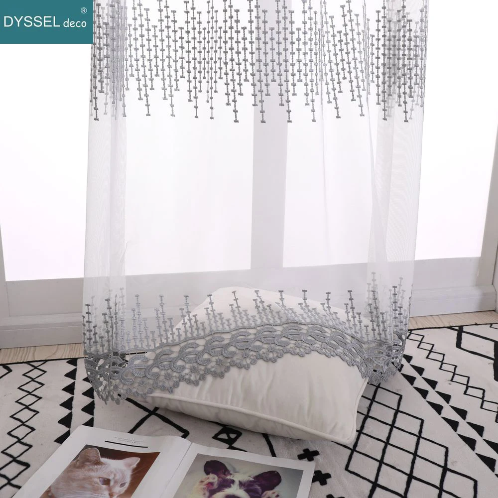 Custom Scalloped European Style Floral Embroidery Voile Tulle Transparent Curtains High Quality for Living Room Bedroom