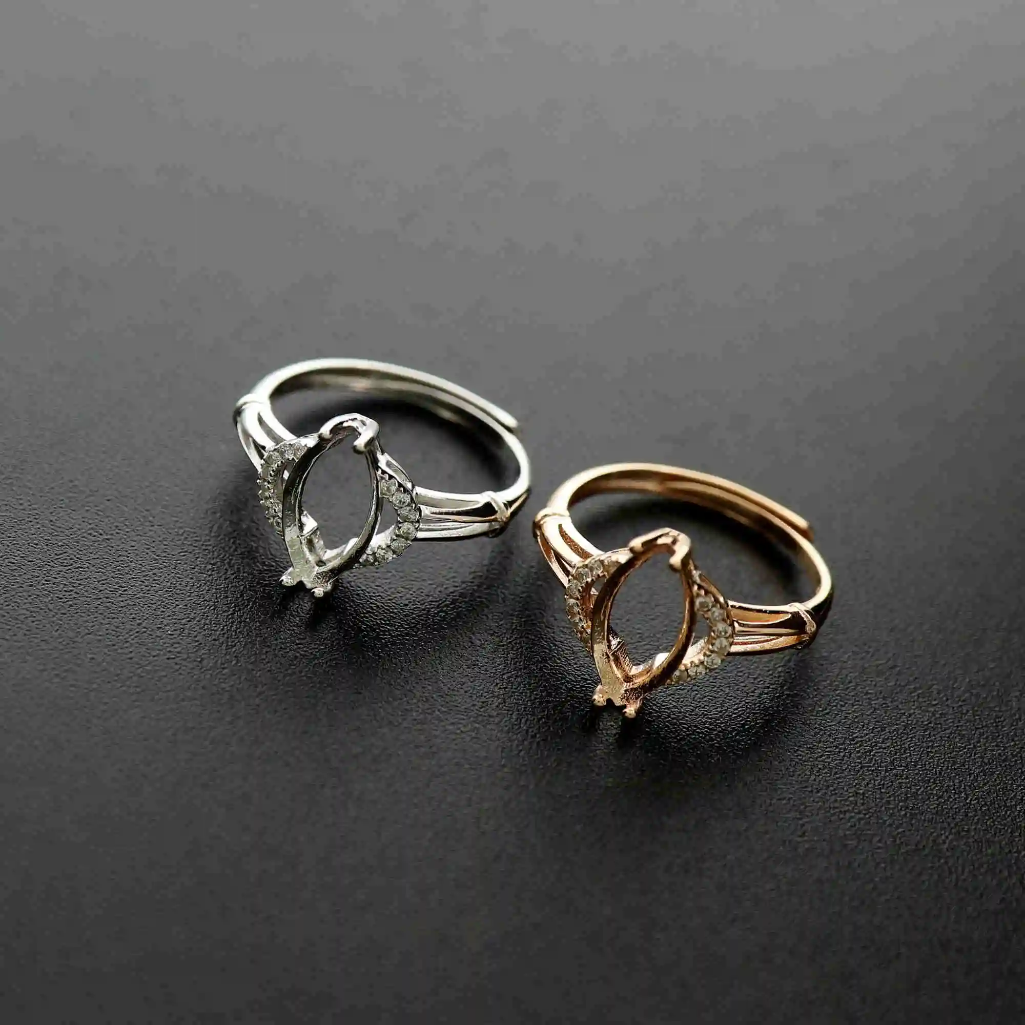 Multiple Size Solid 925 Sterling Silver Rose Gold Tone Horse Eye Shape Prong Bezel Adjustable Ring Settings DIY Supplies 1294126