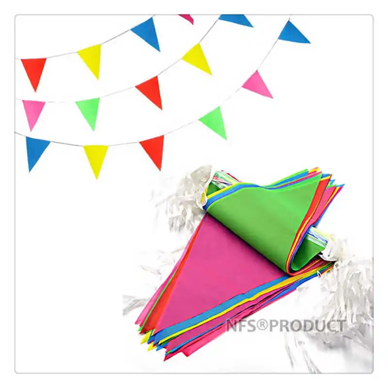 100PCS Coloured Hanging Flags 50M Red Yellow Blue Green Pink Colors 14x18CM Triangle Home Party Decorative Flags And Banners