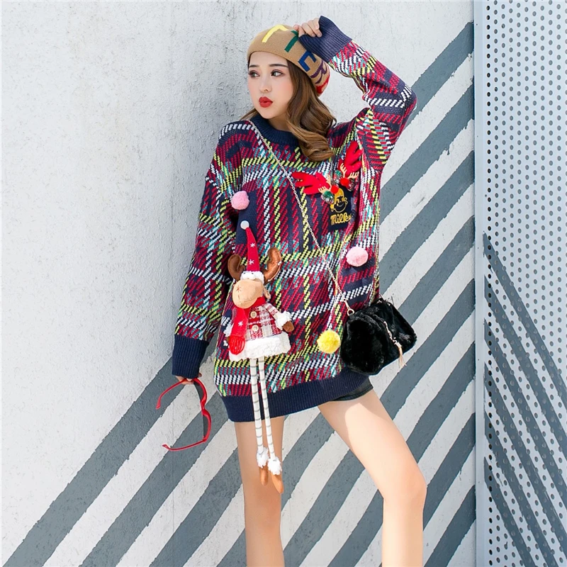 Thai street fashion lady Christmas sweater Sweter damski retro loose thick personality sweater female long loose sweater