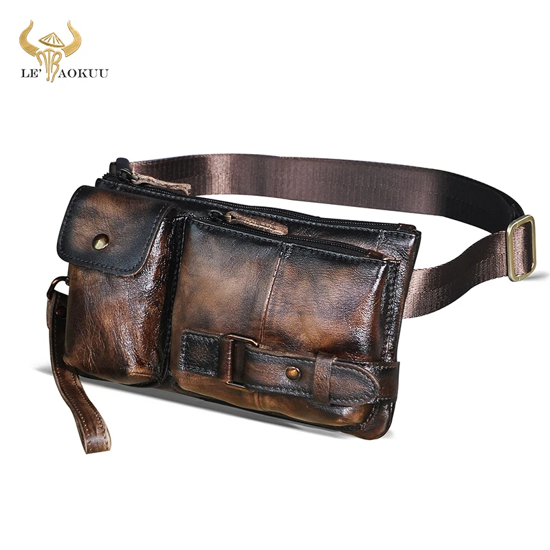 

Crazy Horse Leather men Casual Travel Coffee Fanny Waist Belt Bag Chest Pack Sling Bag Design Bum Phone Case Pouch Male 8135