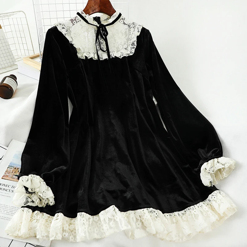 Robe française vintage à col roulé pour femme, bordure en dentelle, velours doré, robe noire à manches longues, robe audirighienne haute, fille Kawaii gothique