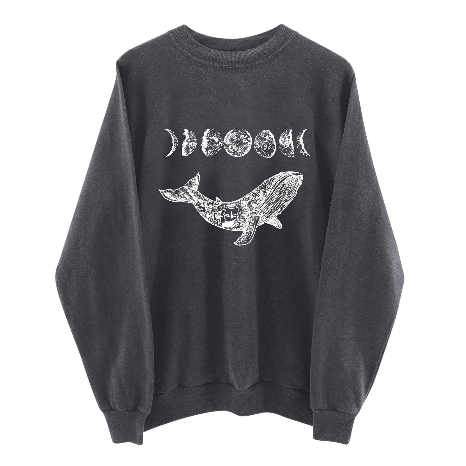 Vintage Women Hoodies Sweatshirts Whale Moon Print Drop-shoulder Long Sleeve Loose Sweatshirts Graphic Sport Top Clothes Moletom