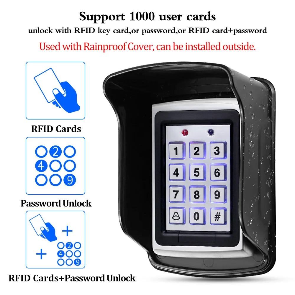 Full Set Door Access Control System Kit Waterproof Metal RFID Keyboard + DC12V Power Supply + Button + 10pcs 125KHz RFID Keyfobs