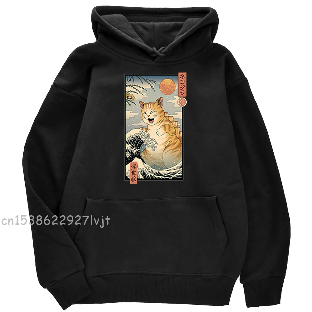 

Ukiyo e Cat Cute Cartoons Print Male Hoody Solid Color Crewneck Pullovers Hoody Fashion Loose Casual Hoody Fleece Thick Hoodie