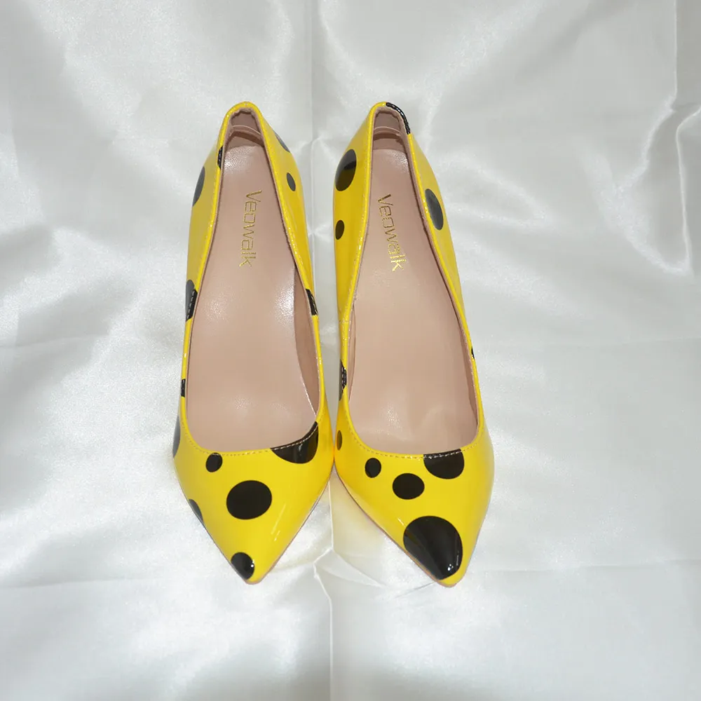 Veowalk Black Polka Dots Women Yellow Stilettos High Heels Ladies Fashion Slip On Pumps Club Party Dress Shoes Color Customized