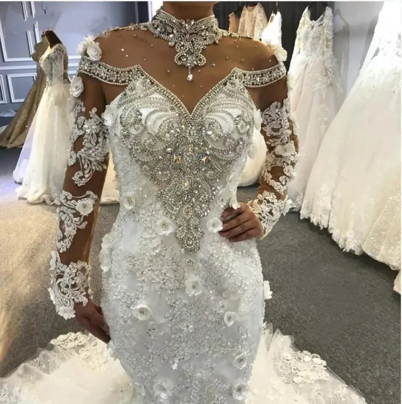 Vestidos de novia de sirena de lujo, cuello alto transparente, cuentas principales, cristales de ilusión, mangas largas, vestido de novia con cordones en la espalda