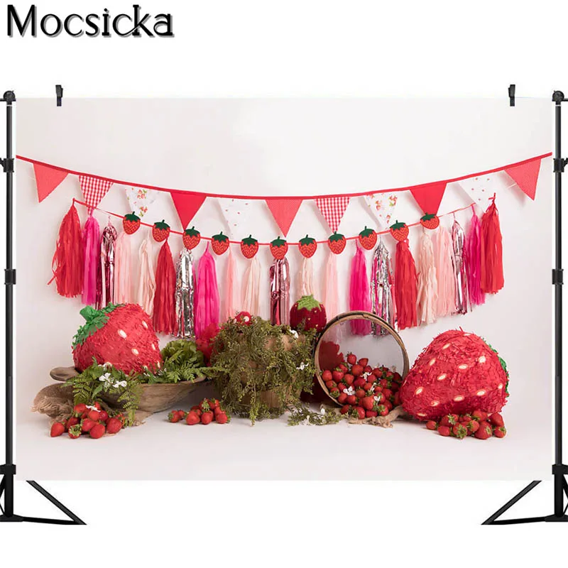 Mocsicka Summer Backdrops Strawberries Background Girl 1st Birthday Cake Smash Photocall Children Kid Photo Studio Photography