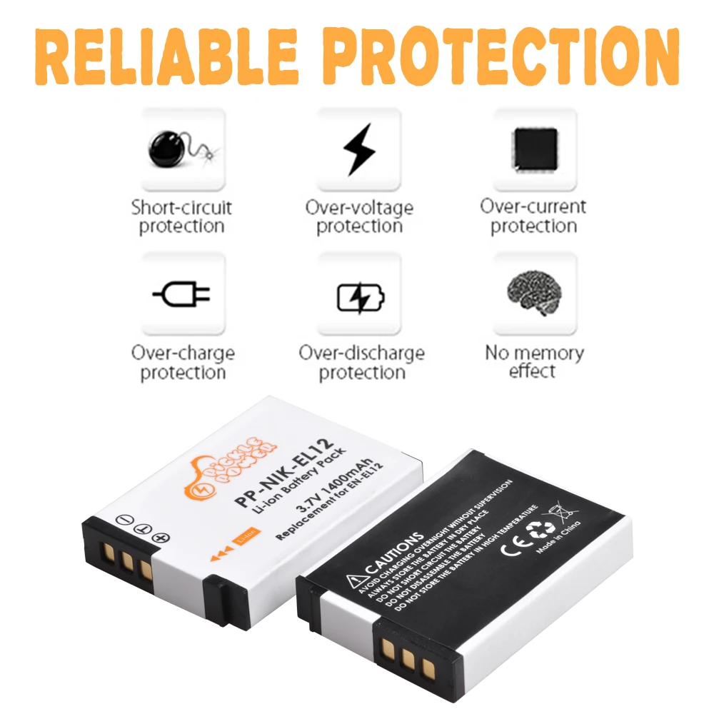 EN-EL12 Battery for Nikon CoolPix S610 S610c S620 S630 S710 S1000pj P300 P310 P330 S6200 S6300 S9400, Charger for ENEL12