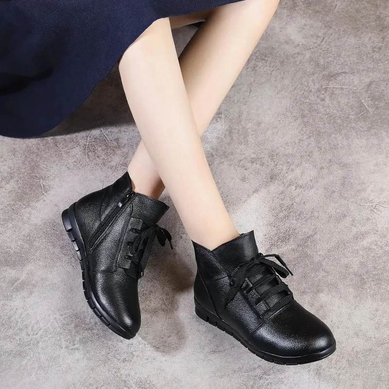 Black Boots Women Moccasins Size 43 Leather Ankle Boots Ladies Casual Winter Warm Plush Womens Luxury Non-slip Ballerina Shoes