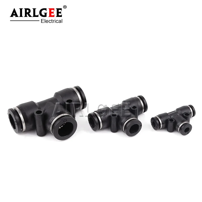 Black PE-4 PE-6 PE-8 PE-10 PE-12 PE-16 Pneumatic 4/6/8/10/12/16MM Push In 3-Way Plastic Pipe Connector Quick Fitting