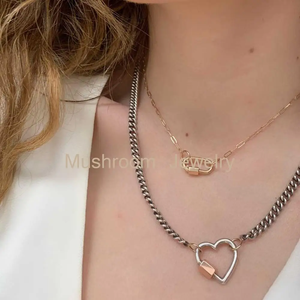 Carabiner Screw U Shape Lock Clasp Silver Necklace Heart Lock Necklace.Lock Pendant  Chain Necklace Women