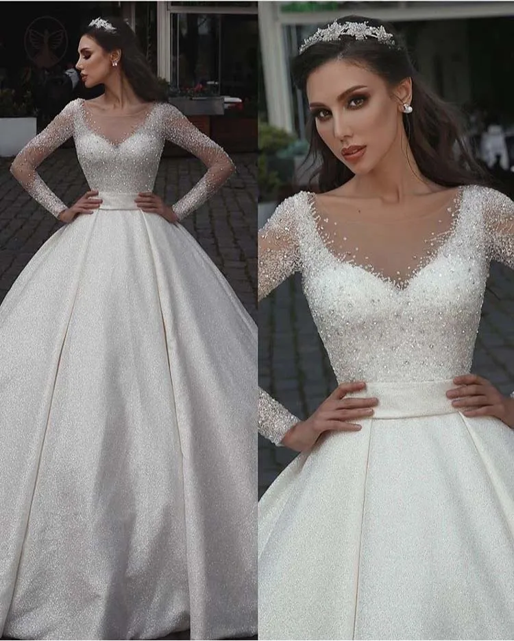 Modestos Vestidos De boda De cuello transparente, Vestidos De novia De manga larga plisados con cuentas De cristales, ostentosos, hechos a mano, 2021