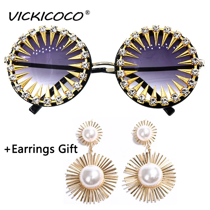 Luxury Brand Steampunk Diamond Sunglasses Women Fashion Exaggerated Metal Decoration Round Sun Glasses Jewelry Earrings Giveaway