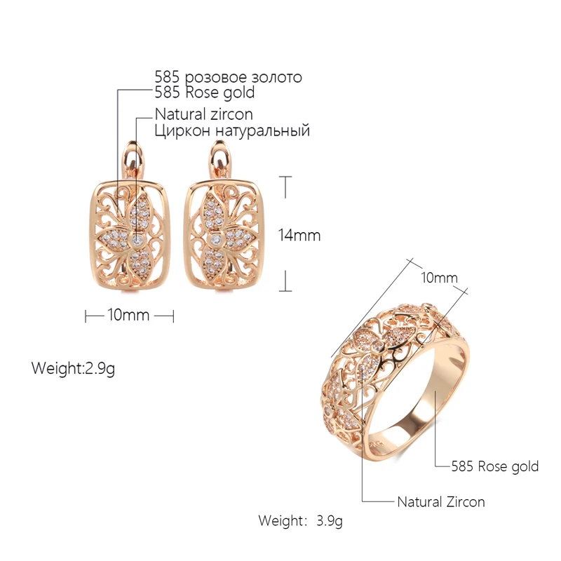 Kinel New 585 Rose Gold Earrings Rings Sets for Women Natural Zircon Flower Ring Vintage Bride Wedding Jewelry Sets Party Gift