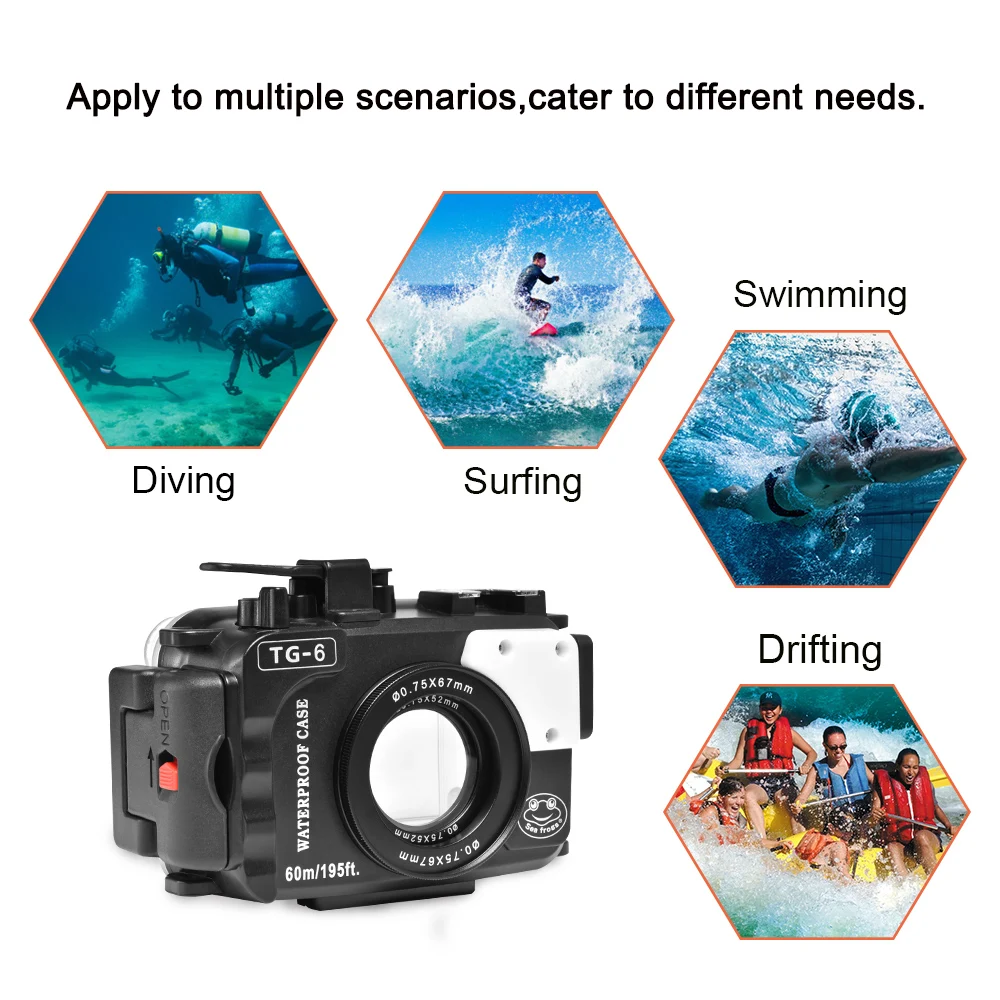 SeaFrogs Underwater Diving Camera Housing Case For Olympus TG-6 60m/195ft Waterproof Camera Bag for TG6