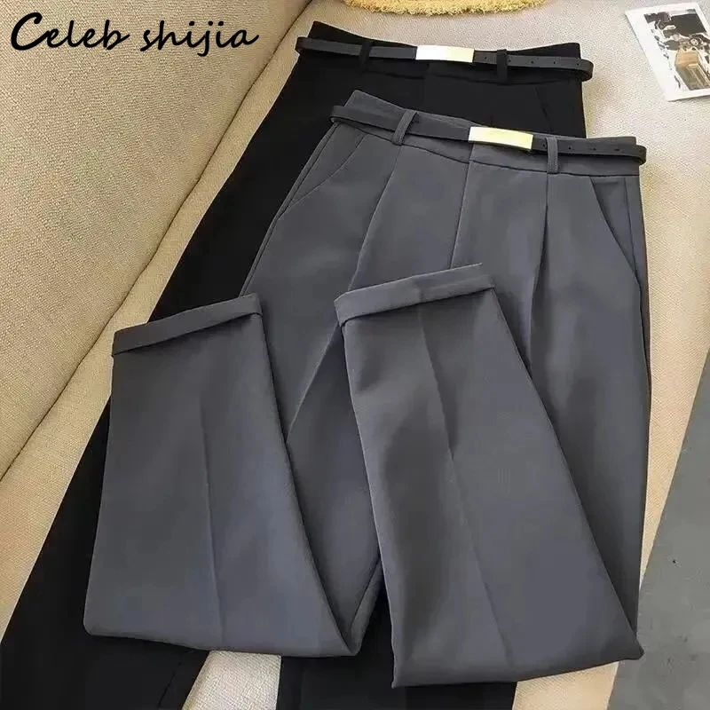 

Chic Straight Leg Pants Women High Street High Waisted Gray Bottom Pants Female Korean Fashion Business Vintage Trousers Office