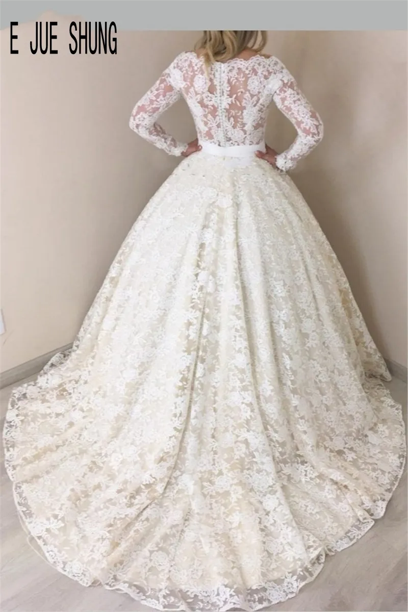 E jue shung novo mangas compridas vestidos de casamento sheer o-neck vestidos de noiva botão voltar marfim renda vestidos de noiva