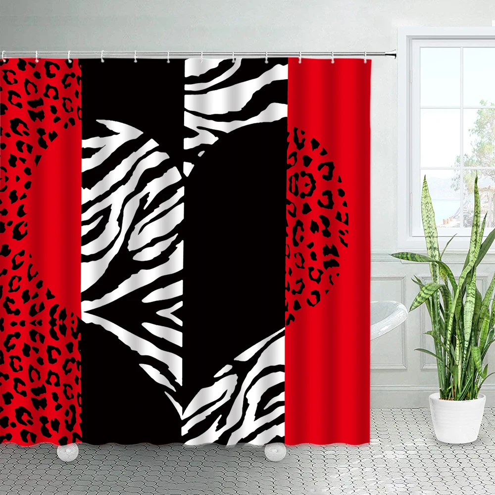 

Red Leopard Shower Curtain Black White Heart Pattern Fashion Design Polyester Bathtub Bath curtains Home Bathroom Decoration Set