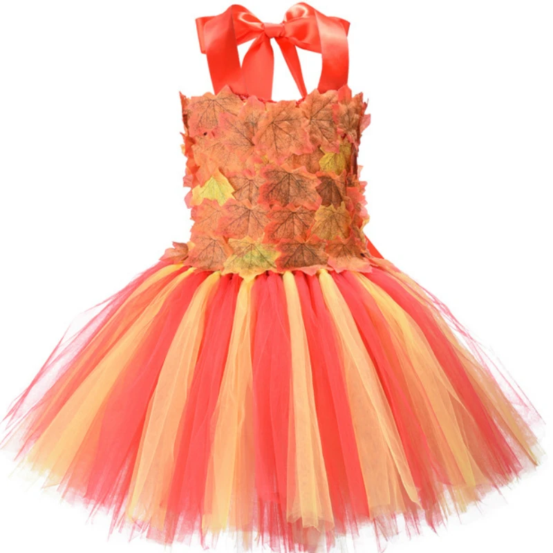 2020 New Simulation Maple Leaf Girl Dress Thanksgiving Orange Yellow  Kids Dresses for Girls  Flower Girl Birthday Tutu Dresses