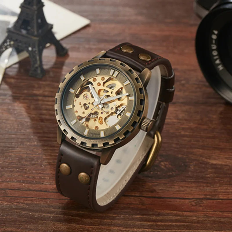 

Gorben Brown/Red/Black Leather Band Self-wind Automatic Mechanical Man Watch Male Clock Business Men Wrist Watch