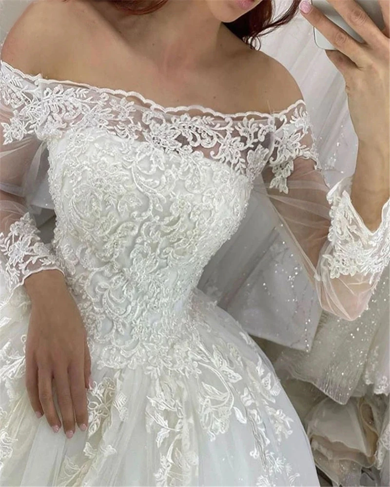 Precioso Vestido de baile de encaje de princesa, vestidos de novia de manga larga sin hombro, Apliques de encaje en la espalda, Dubai