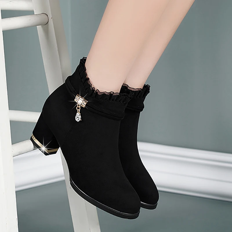 Fashion Pleated Turned-over-Edge Boots For Women 2021 Zippres Square High Heel Ankle Solid Round Toe Short Plush Female Shoes