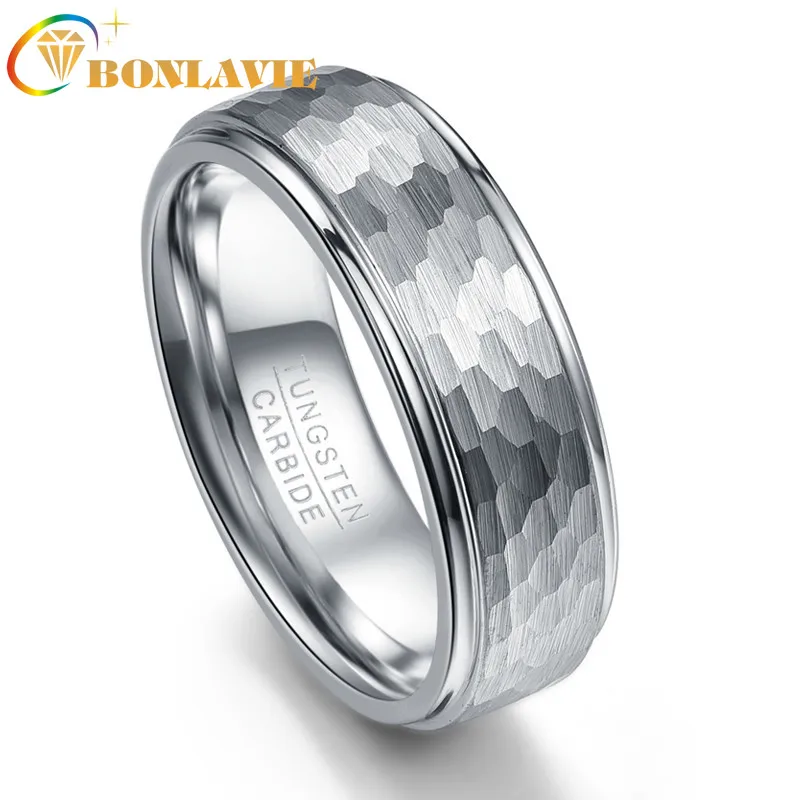 BONLAVIE 8MM Wide 2.3MM Thick Round Hexagonal Pattern Tungsten Steel Rings for Men Engagement Ring  Jewelry Free Shipping