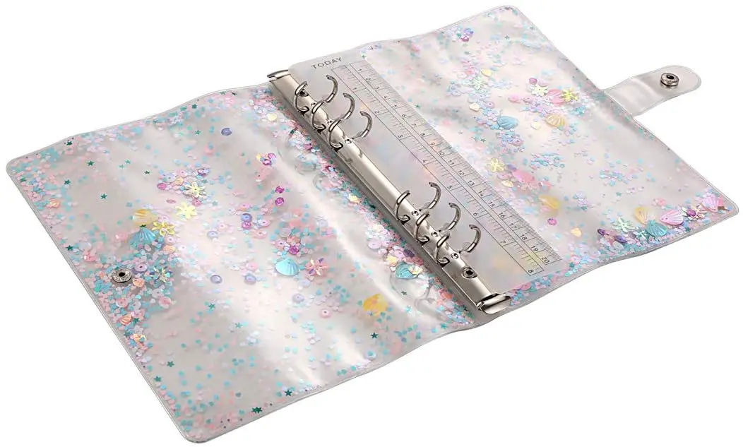 A5 6-Ring Loose Leaf Binder Cover PVC Glitter Planner Notebook Refillable Shell with Snap Button Closure For Round-Ring Pages