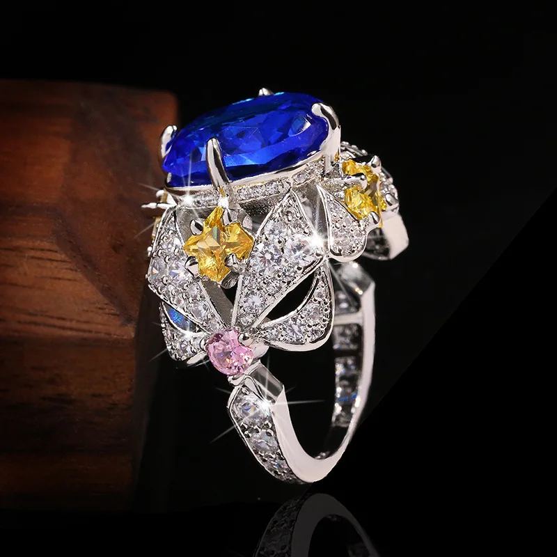 Vintage Jewelry Luxury Big Sapphire 925 Sterling Silver Rings for Women Elegant Flower Engagement Wedding Band Anniversary Rings