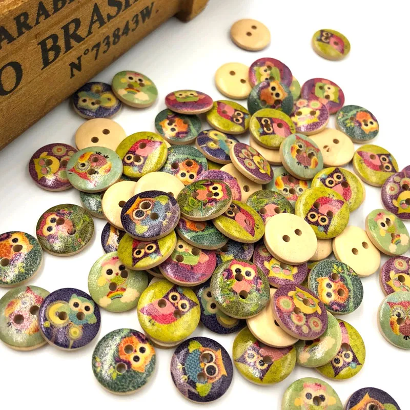 50pcs Mixed Owl Pattern Wooden Buttons Fit Sewing and Scrapbook 15mm WA03