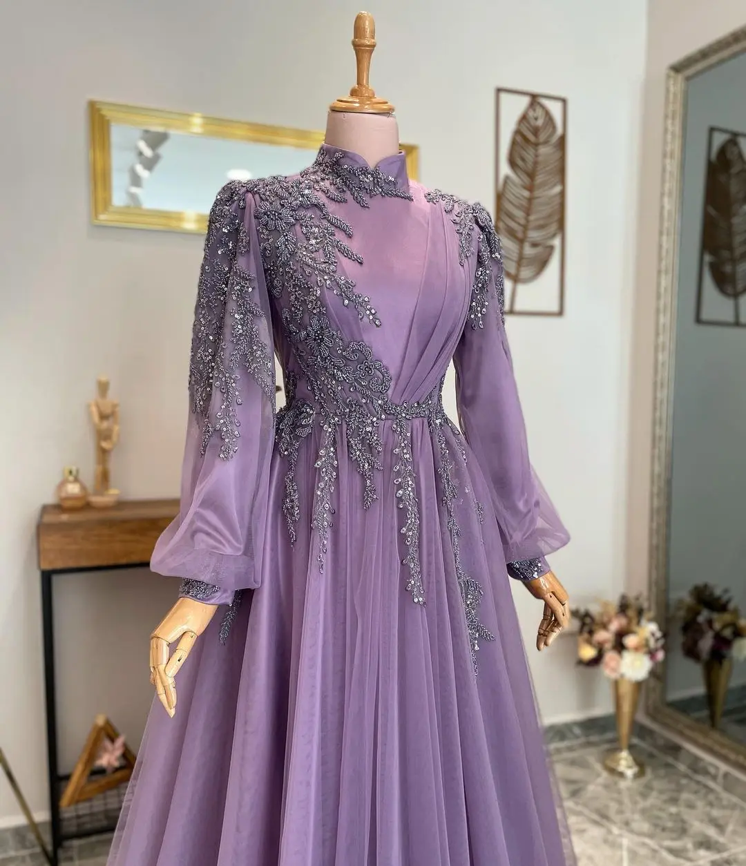 Purple Muslim Evening Dresses Long Luxury 2024 Beading Lace A-Line Tulle Prom Gowns for Women Party Wear Formal with Sleeves