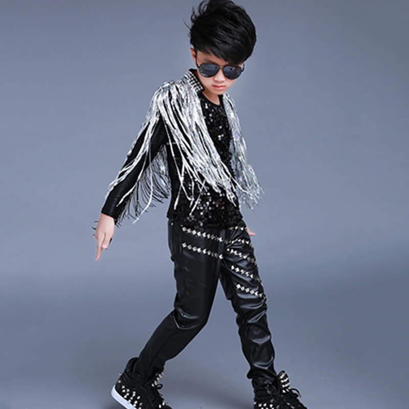 Jazz Dance Costume Sequined Fringed Coat Gold Silver Fringed Shawl Boys Hip Hop Street Dancing Clothes Stage Outfit DNV11849