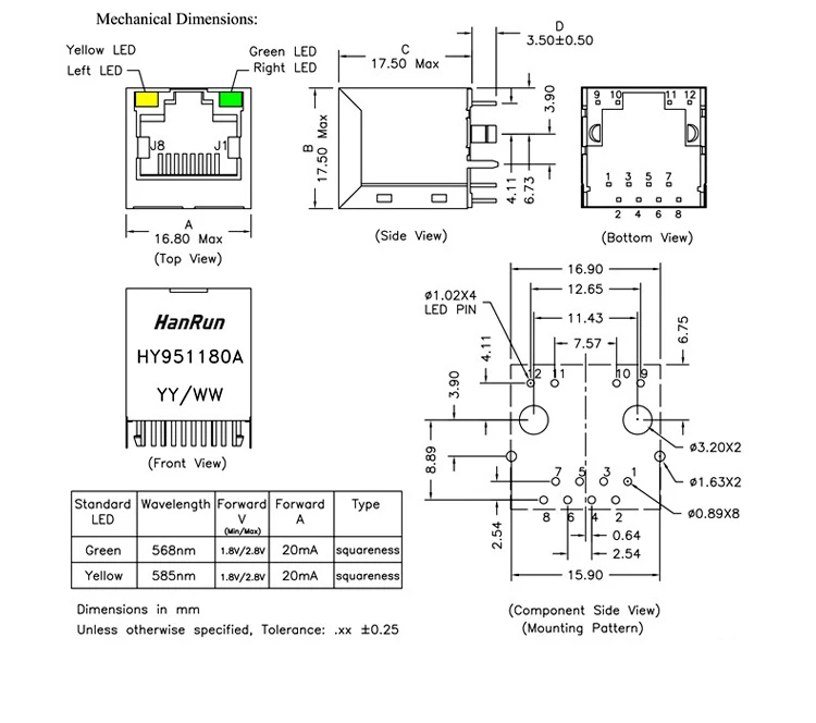 5PCS/lot New original HR951180A HanRun HY951180A RJ45 180 degrees Connector Socket With Lamp  Network transformer 951180 DIP