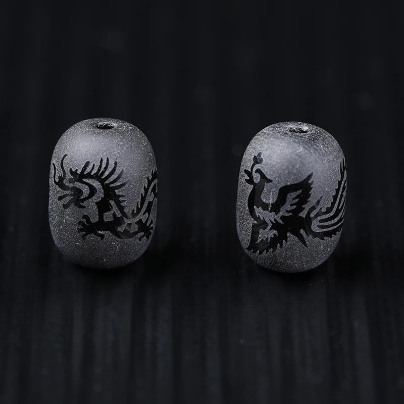 4A Natural Black Frosted Barrel Agate Dragon Phoenix Quartz Crystal Single Bead DIY Beads Jewelry Making