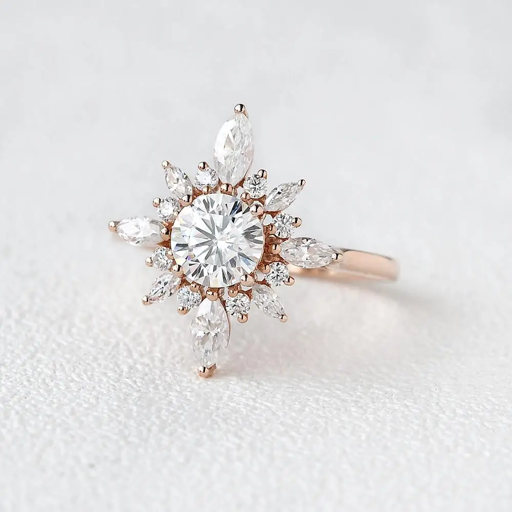 CxsJeremy Unique Moissanite Engagement Ring Solid 14K Au585 Rose Gold Center 0.8ct 6mm Round Flower Marquise Halo Wedding Band