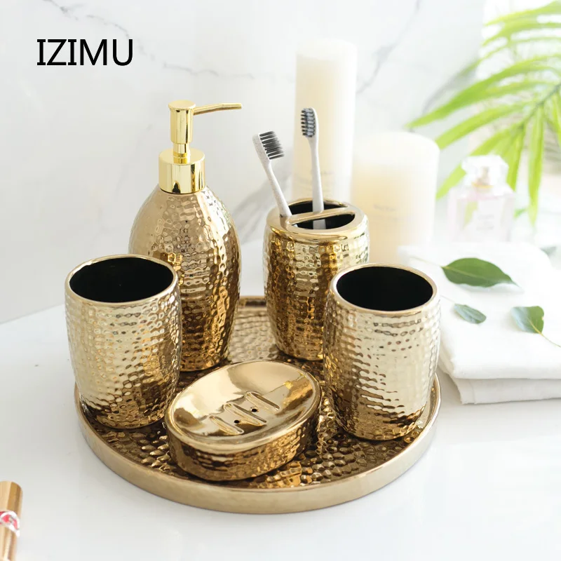 IZIMU Nordic Lxury Ceramic Toiletries Gargle Brushing Cup Golden Bathroom Five-piece Set Toilet Bathroom Soap Dispenser Set