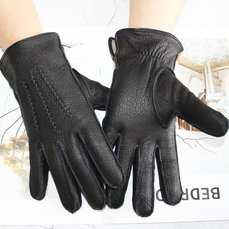 New deerskin gloves men\'s  leather outer stitched striped retro motorcycle riding driving autumn and winter wool knitted lining