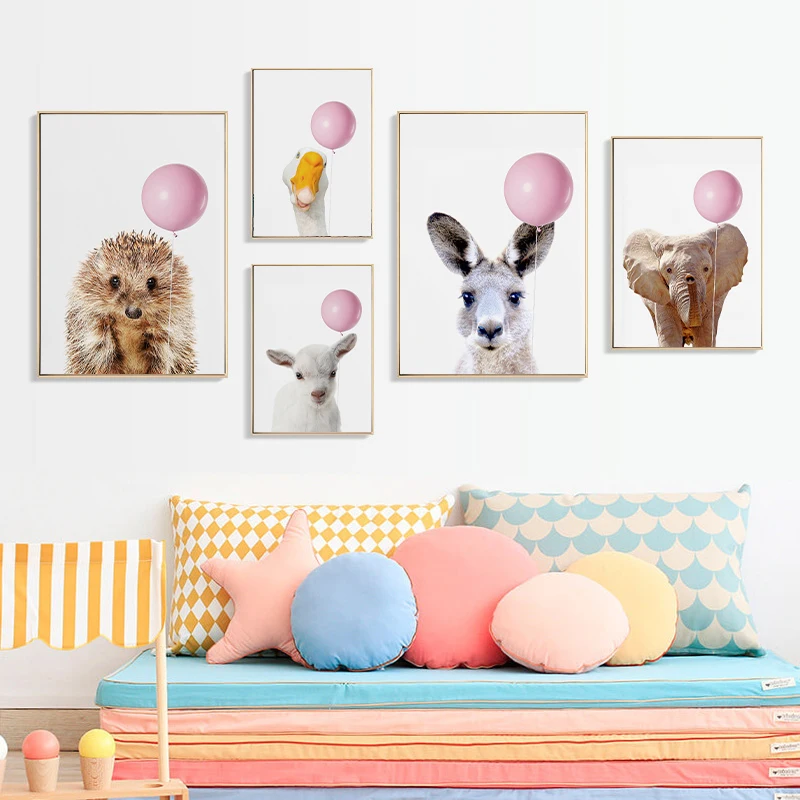 Nursery Safari Animal With Pink Balloon Print Wall Art Bunny Raccoon Canvas Painting Funny Poster for Kids Room Decor Picture