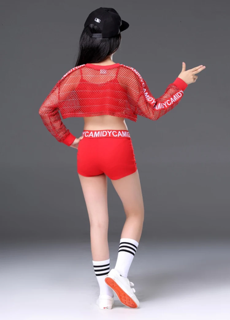 어린이 레드 재즈 댄스 의상 소녀 반짝이 Fishnet 커버 탑 스트레치 반바지 댄스 세트 힙합 현대 파티 무대 의상