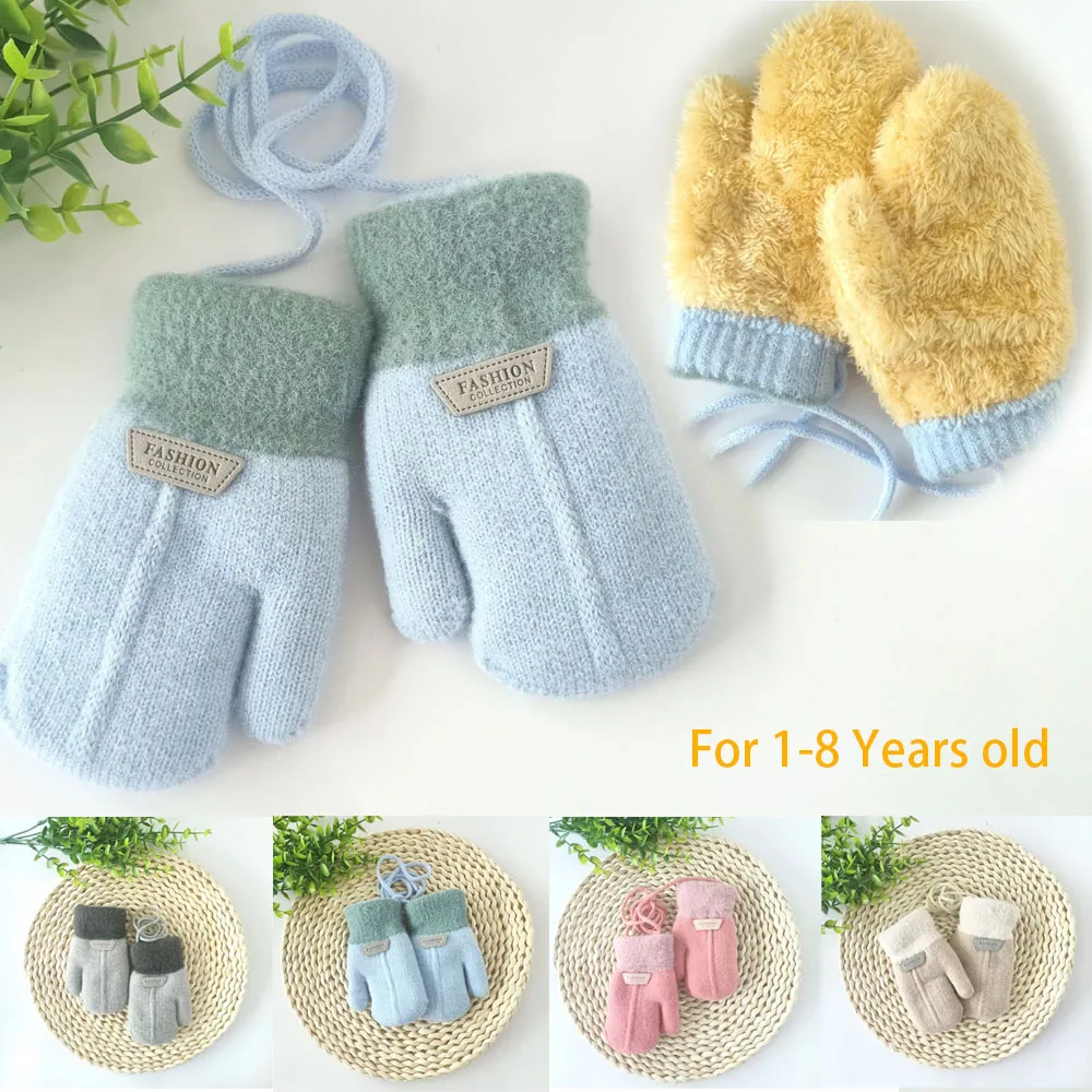 0-8 Years Baby Boys Girls Winter Knitted Gloves Warm Rope Full Finger Mittens Gloves for Children  Solid Color Windproof Gloves