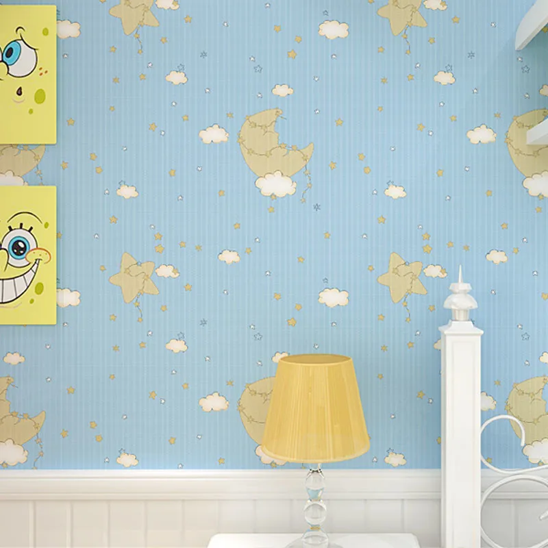 

Modern Cartoon Starry Night Moon And Stars Children Wallpaper Room Non-woven Sky Kids Wallpapers Boy Girls Room Pink Blue Creamy