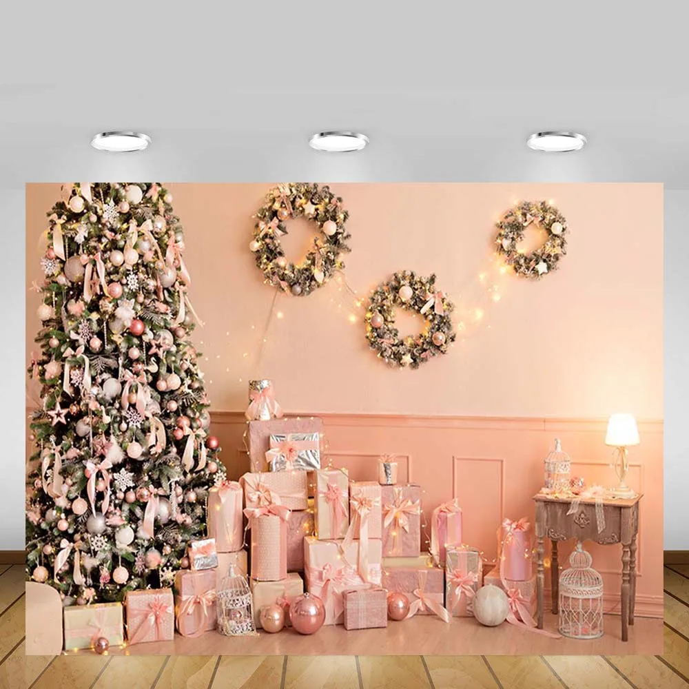 

Mehofond Christmas Backdrop Interior Tree Pink Texture Wall Gift Light Girl Portrait Photography Background Decoration Props