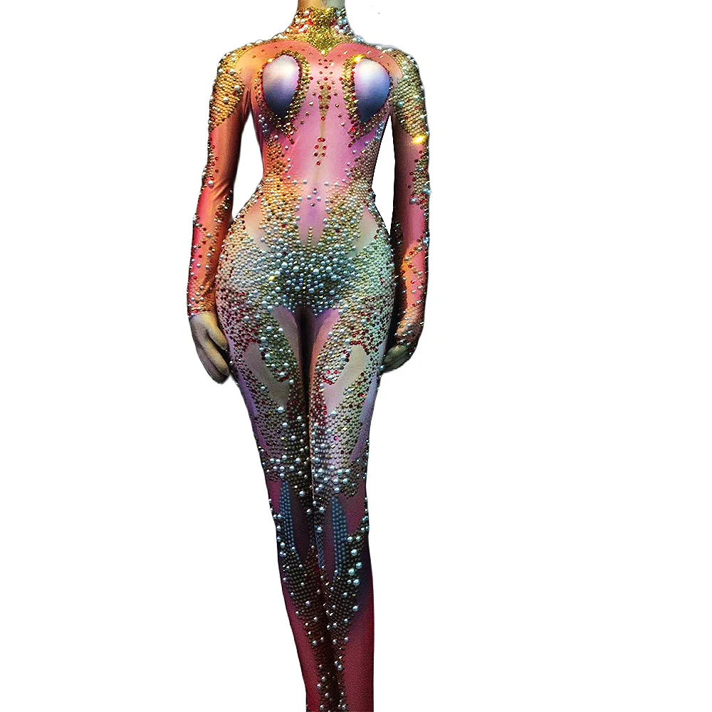 Women Rhinestones Pearl Pattern Tights Jumpsuit Performance Costume