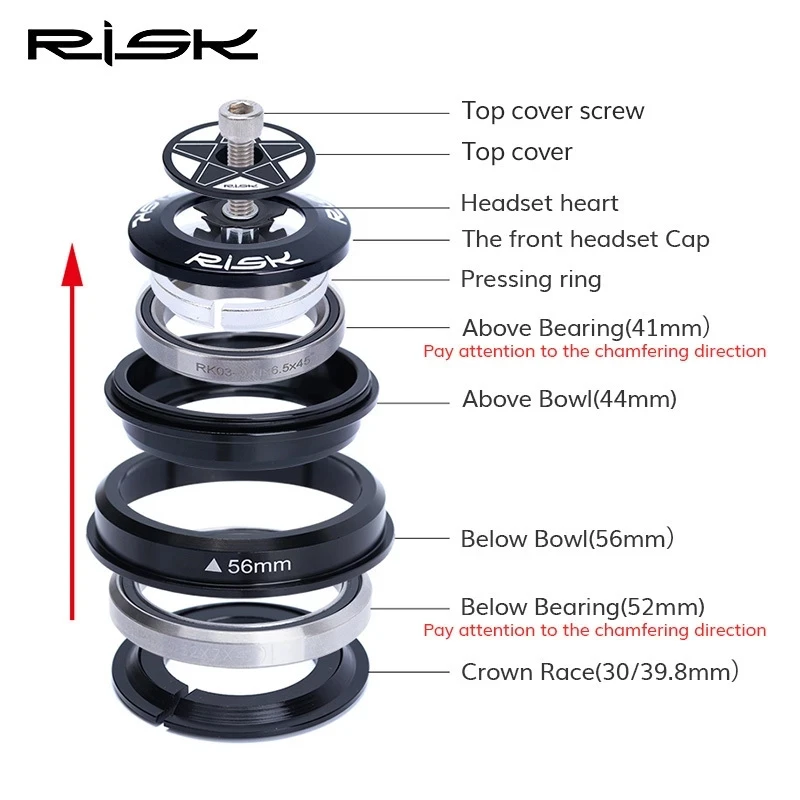 RISK 44-55mm Tapered Bicycle Headset for Headtube 44-56mm Bike Double Bearing for 1.5 Taper / 28.6mm Straight Fork Bike Parts