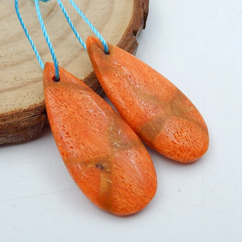 Natural Stone Orange Coral Semiprecious Earrings,Women Earrings For Fine Jewelry Making,28x13x4mm, 3.2g