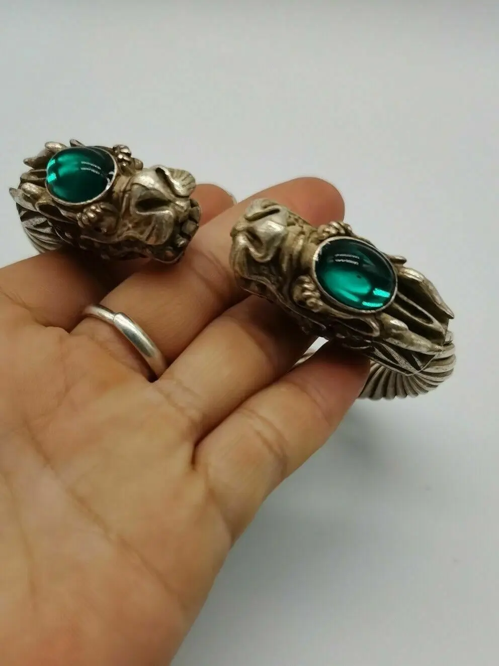 China Old Tibet Silver Carved Dragon Bracelet inlaid with green jade Bracelets